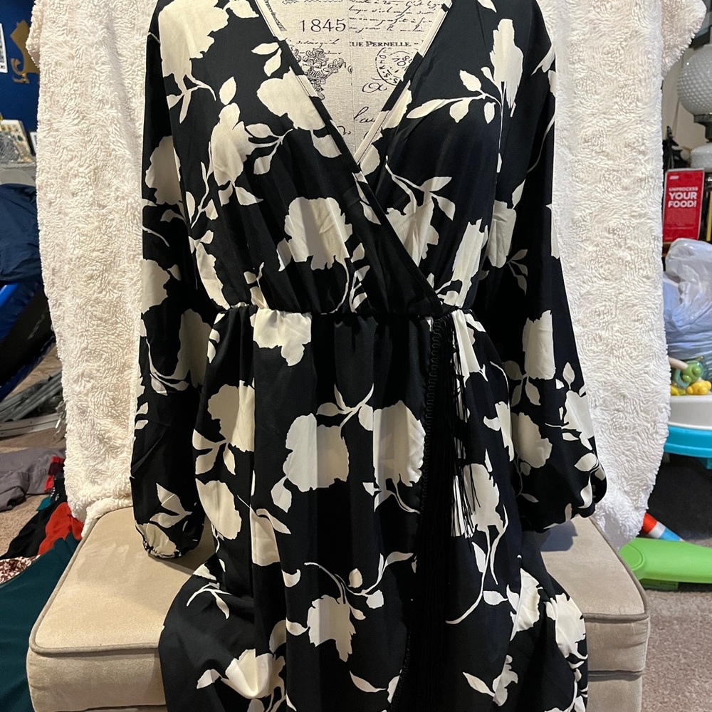 Black and cream floral wrap dress with Fringe!